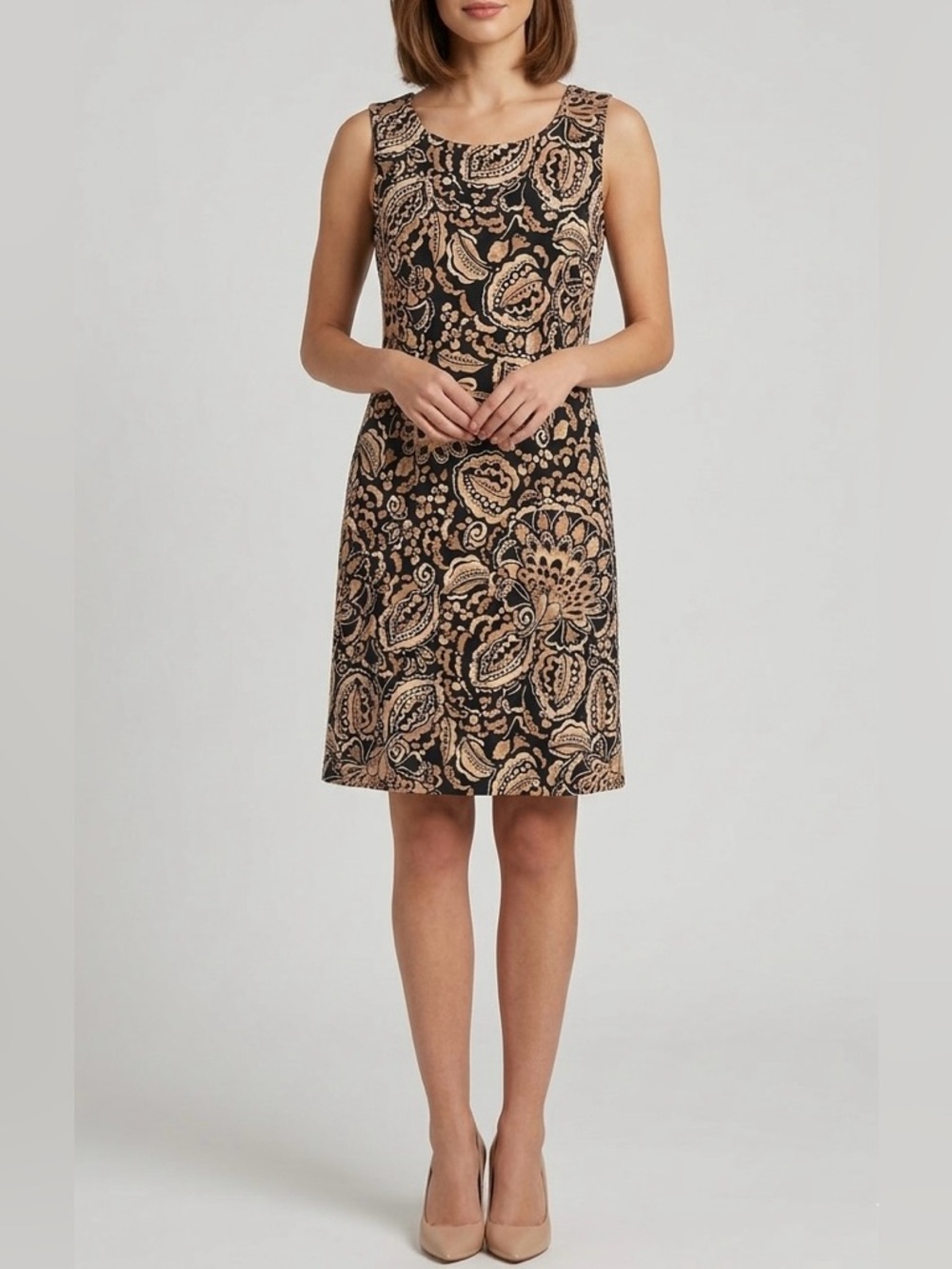 Tommy Hilfiger Sleeveless Knee-Length Paisley Shift Dress | Tan/Black | Size 4